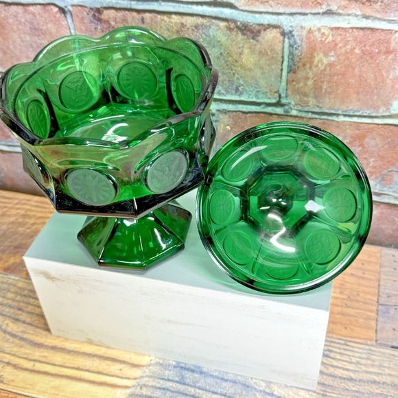 Fostoria Glass Emerald Green Coin Dot 8 1/2" Wedding Bowl Covered Candy Jar Lid‎ - Picture 8 of 13